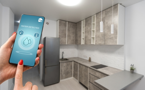 Woman turning off leaking water by phone